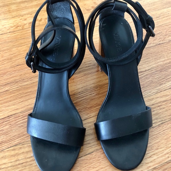 Vince. Black Leather and Wood Stacked Heels - Picture 5 of 5